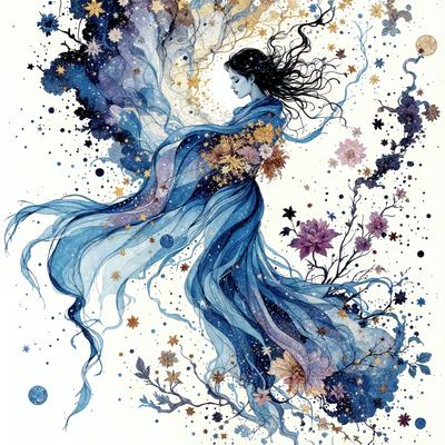 The primary subject of the image is a woman, who is the main focus of the scene. She is depicted in a flowing blue dress, with her hair flowing in the wind. The setting is a night sky, with stars and a moon visible in the background. The visual style of the image is a combination of digital art and illustration, creating a vibrant and dynamic scene. The colors and mood of the image are predominantly blue and purple, giving it a serene and dreamy atmosphere.